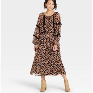 Knox Rose Black Floral Ruffled Long Sleeve Dress, M